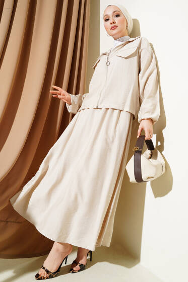Fermuarlı Cep Kapaklı Etekli İkili Takım Bej - İkili Takım