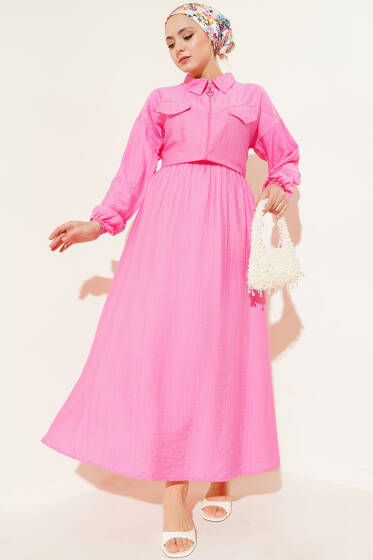 Fermuarlı Cep Kapaklı Etekli İkili Takım Fuşya - İkili Takım