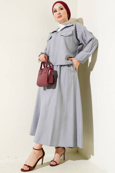 Fermuarlı Cep Kapaklı Etekli İkili Takım Gri - İkili Takım