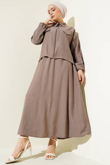 Fermuarlı Cep Kapaklı Etekli İkili Takım Kahve - İkili Takım