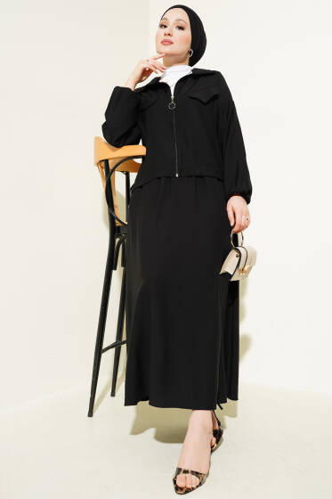 Fermuarlı Cep Kapaklı Etekli İkili Takım Siyah - İkili Takım