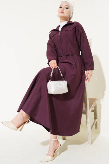Fermuarlı Cep Kapaklı Etekli Takım Burgonya - İkili Takım