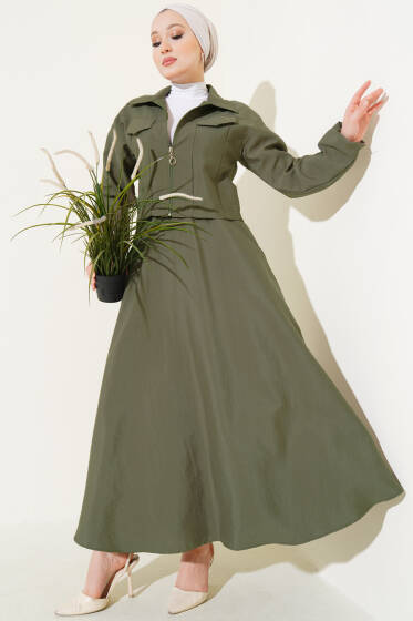 Fermuarlı Cep Kapaklı Etekli Takım Haki - İkili Takım