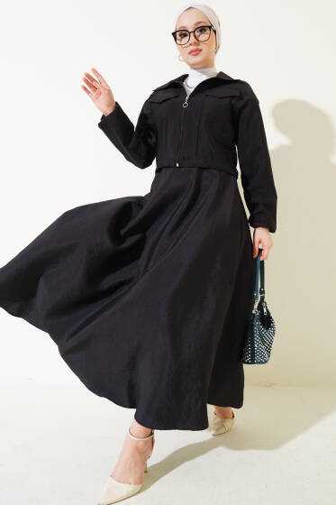 Fermuarlı Cep Kapaklı Etekli Takım Siyah - İkili Takım