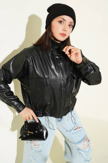 Fermuarlı Cep Kapaklı Kısa Deri Ceket Siyah - Ceket