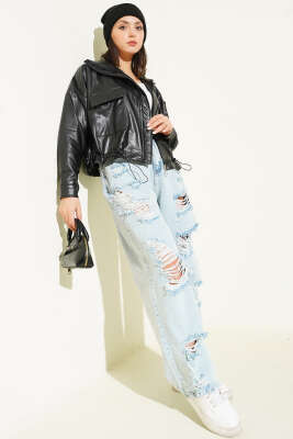 Fermuarlı Cep Kapaklı Kısa Deri Ceket Siyah - Ceket