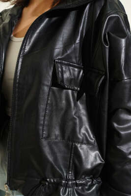 Fermuarlı Cep Kapaklı Kısa Deri Ceket Siyah - Ceket