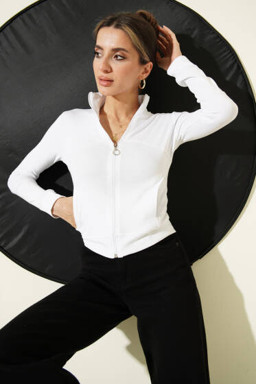 Fermuarlı Cepli Crop Hırka Beyaz - Kadın Giyim Modelleri