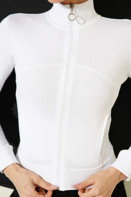 Fermuarlı Cepli Crop Hırka Beyaz - Kadın Giyim Modelleri