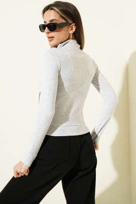 Fermuarlı Cepli Crop Hırka Gri - Kadın Giyim Modelleri