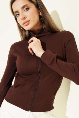 Fermuarlı Cepli Crop Hırka Kahve 