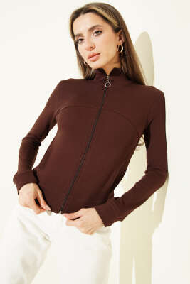 Fermuarlı Cepli Crop Hırka Kahve - Kadın Giyim Modelleri