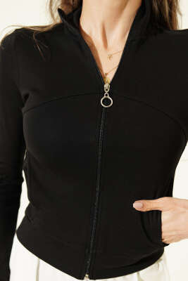 Fermuarlı Cepli Crop Hırka Siyah - Kadın Giyim Modelleri