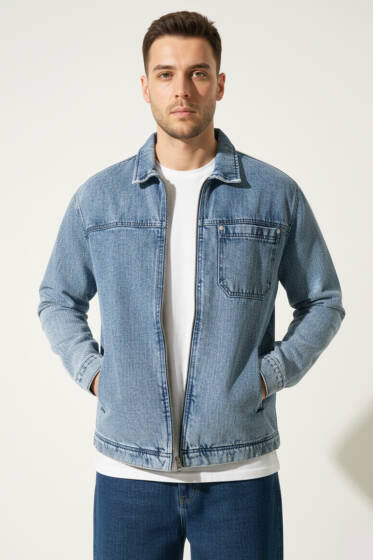 Fermuarlı Cepli Erkek Kot Ceket Kar Açık - Erkek Ceket