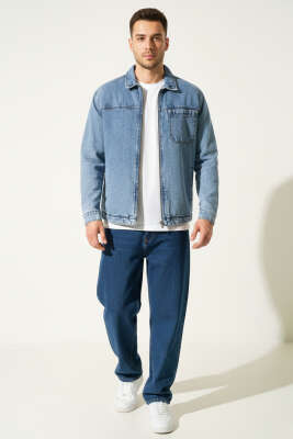 Fermuarlı Cepli Erkek Kot Ceket Kar Açık - Erkek Ceket