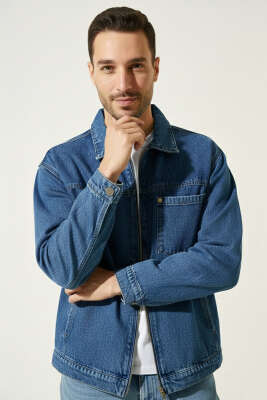 Fermuarlı Cepli Erkek Kot Ceket Mavi - LTC MOPE