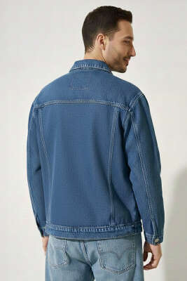 Fermuarlı Cepli Erkek Kot Ceket Mavi - Erkek Ceket