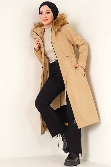 Fermuarlı Cepli Kapüşonlu Mont Camel - Mont