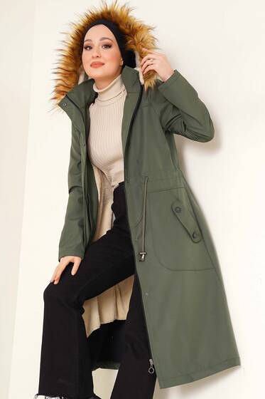 Fermuarlı Cepli Kapüşonlu Mont Haki - ÇOK SATANLAR