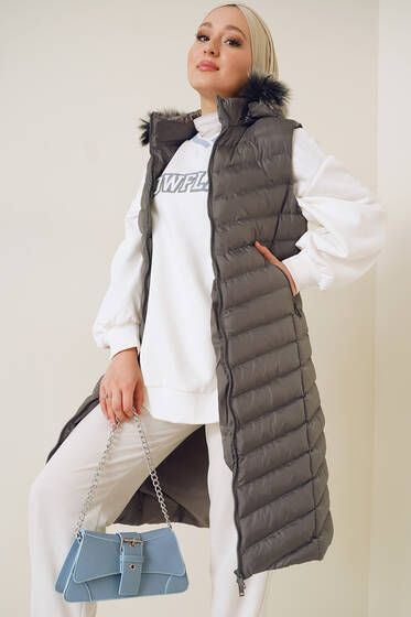 Fermuarlı Cepli Kapüşonlu Şişme Yelek Füme - Yelek