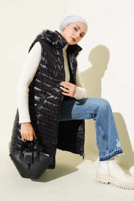 Fermuarlı Cepli Kapüşonlu Şişme Yelek Siyah - FİXAY