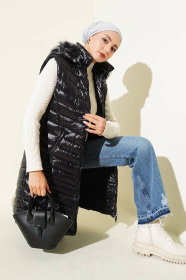 Fermuarlı Cepli Kapüşonlu Şişme Yelek Siyah - Yelek