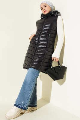 Fermuarlı Cepli Kapüşonlu Şişme Yelek Siyah - Yelek