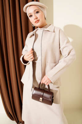 Fermuarlı Cepli Kaşe Etekli İkili Takım Bej - İkili Takım