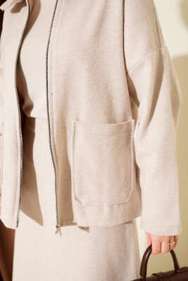 Fermuarlı Cepli Kaşe Etekli İkili Takım Bej - İkili Takım