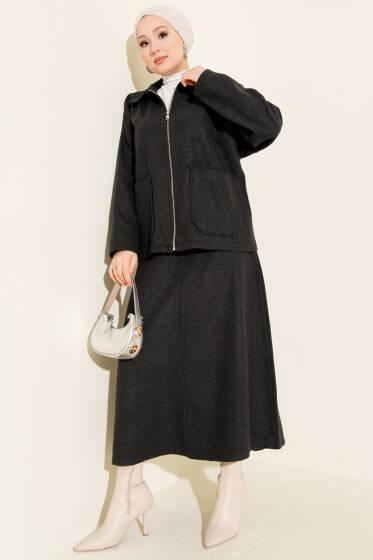 Fermuarlı Cepli Kaşe Etekli İkili Takım Füme - İkili Takım