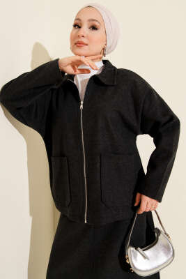 Fermuarlı Cepli Kaşe Etekli İkili Takım Füme - İkili Takım