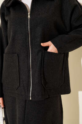 Fermuarlı Cepli Kaşe Etekli İkili Takım Füme - İkili Takım