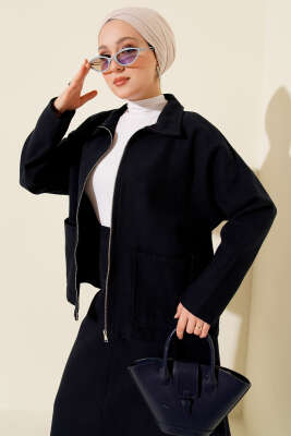 Fermuarlı Cepli Kaşe Etekli İkili Takım Lacivert - İkili Takım