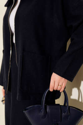 Fermuarlı Cepli Kaşe Etekli İkili Takım Lacivert - İkili Takım