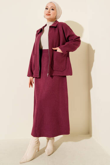 Fermuarlı Cepli Kaşe Etekli İkili Takım Magenta - İkili Takım