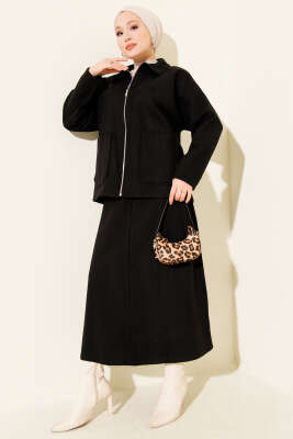 Fermuarlı Cepli Kaşe Etekli İkili Takım Siyah - CNR TEKSTİL