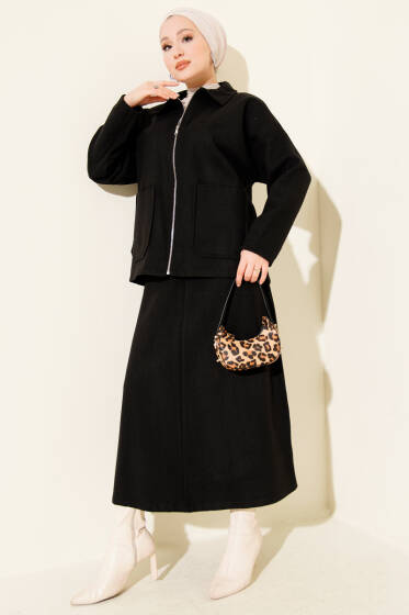 Fermuarlı Cepli Kaşe Etekli İkili Takım Siyah - İkili Takım