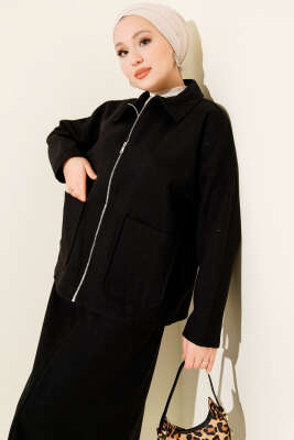 Fermuarlı Cepli Kaşe Etekli İkili Takım Siyah - İkili Takım