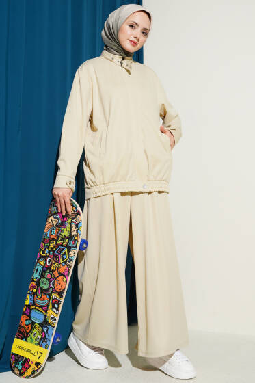 Fermuarlı Cepli Salaş İkili Takım Bej - İkili Takım