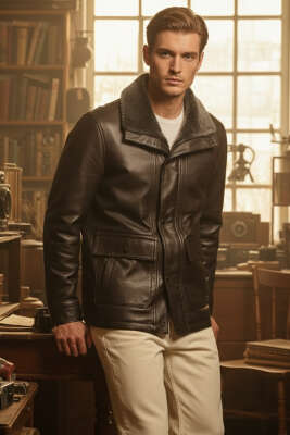 Fermuarlı Cepli Yaka Kürklü Erkek Deri Mont Kahve - DYNAMO