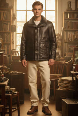 Fermuarlı Cepli Yaka Kürklü Erkek Deri Mont Kahve - Erkek Ceket