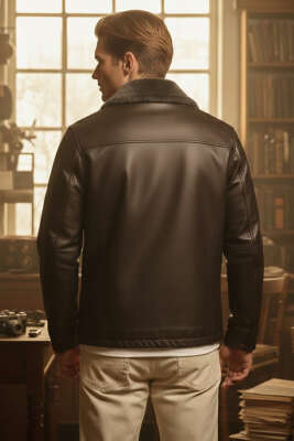 Fermuarlı Cepli Yaka Kürklü Erkek Deri Mont Kahve - Erkek Ceket