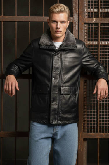 Fermuarlı Cepli Yaka Kürklü Erkek Deri Mont Siyah - Erkek Mont