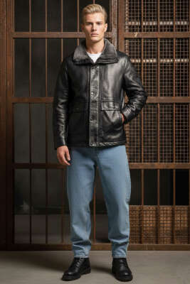 Fermuarlı Cepli Yaka Kürklü Erkek Deri Mont Siyah - Erkek Mont