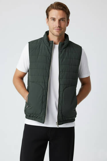 Fermuarlı Çift Cepli Erkek Yelek Haki - Erkek Yelek