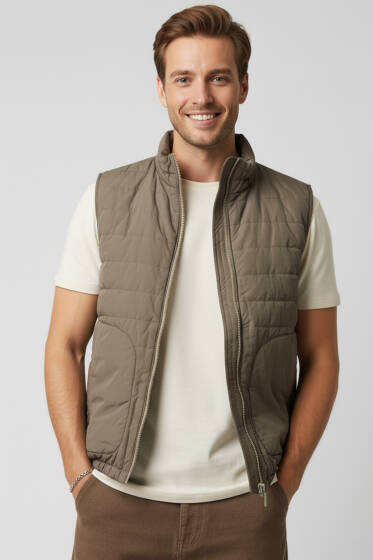 Fermuarlı Çift Cepli Erkek Yelek Kahve - Erkek Yelek