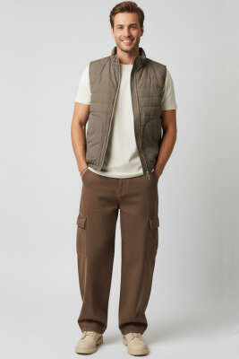 Fermuarlı Çift Cepli Erkek Yelek Kahve - Erkek Yelek
