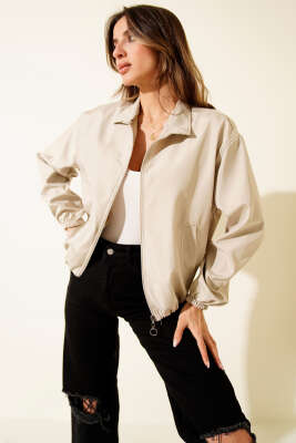 Fermuarlı Çift Cepli Kısa Ceket Taş 