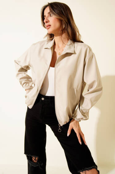 Fermuarlı Çift Cepli Kısa Ceket Taş - Kadın Giyim Modelleri