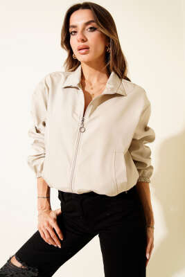 Fermuarlı Çift Cepli Kısa Ceket Taş - Kadın Giyim Modelleri